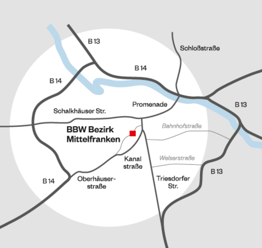 Kartenausschnitt auf dem die Außenstelle Ansbach mit einem roten Rechteck markiert ist
