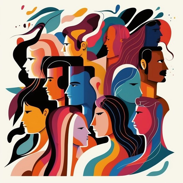 Eine bunte Illustration von verschiedenen Menschen im Profil.
