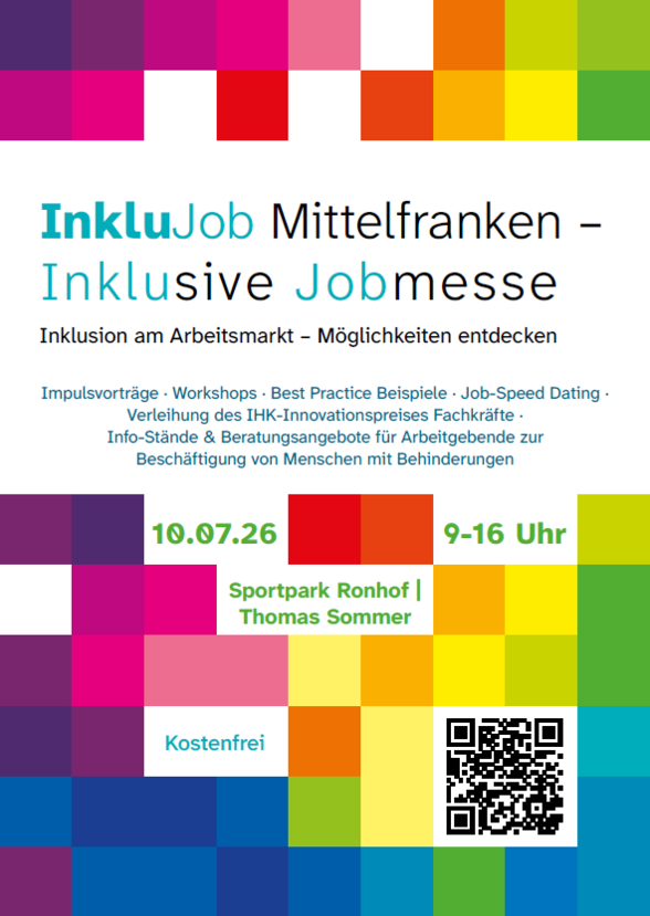 Im Hintergrund sind bunte Quadrate mosaikartig angeordnet. Im Vordergrund steht: "Inklujob Mittelfranken - Inklusive Jobmesse" sowie die wichigsten Informationen zu der Messe,