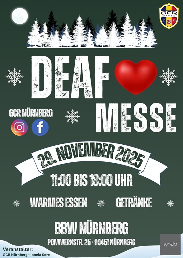 Ein dunkelgrüner Flyer. Darauf steht in weiß: Deaf Messe, 29. November 2025, 11:00 bis 18 Uhr, warmes Essen, Getränke. Außerdem steht dort die Adresse des BBWs.