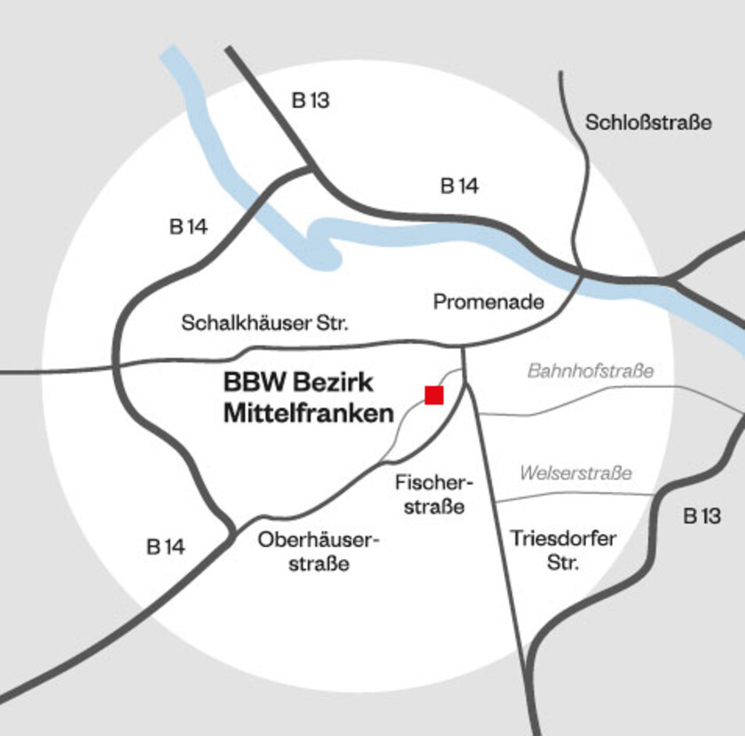 Der Ausschnitt einer Straßenkarte. Das BBW ist mit einem kleinen roten Quadrat gekennzeichnet.